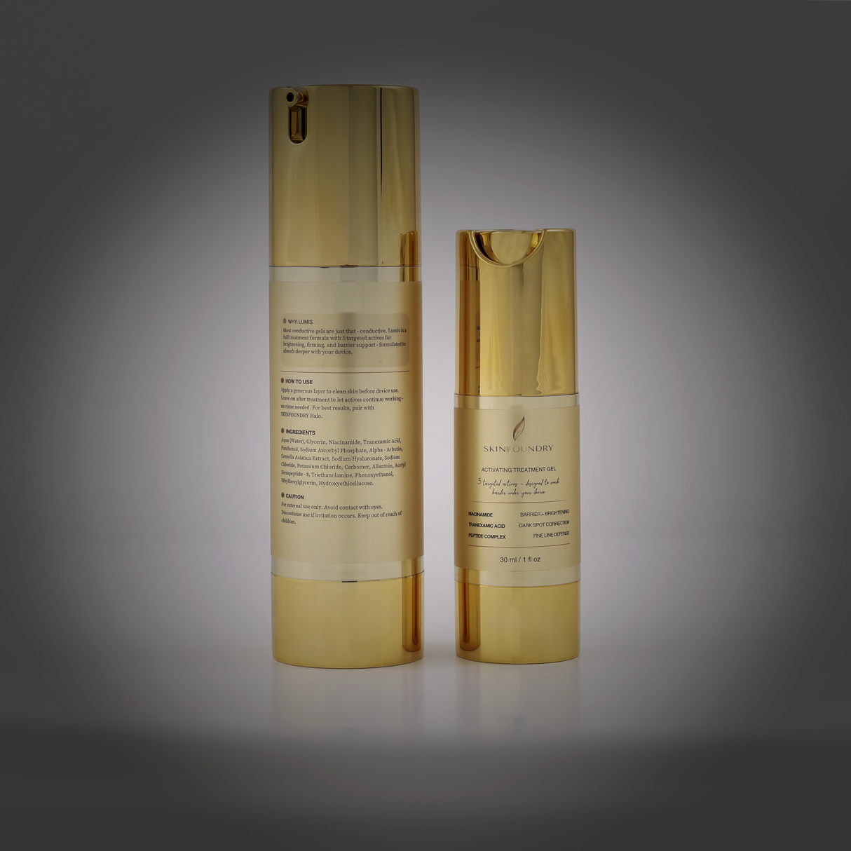 Lumis Activating Treatment Gel 80 ml and 30 ml travel size, studio spotlight