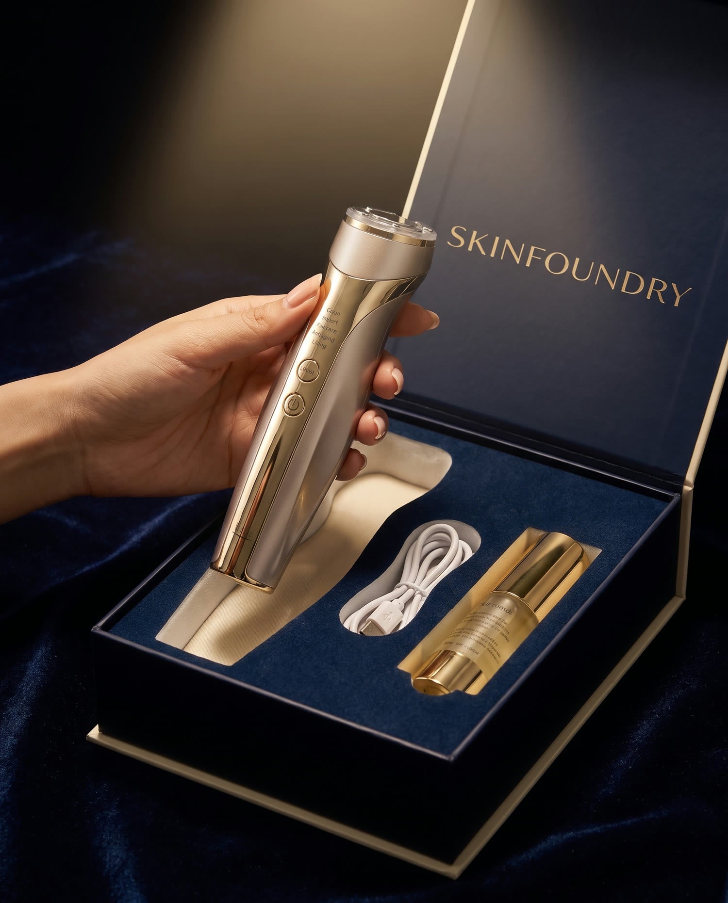 A warm ivory exterior. A deep sapphire heart.