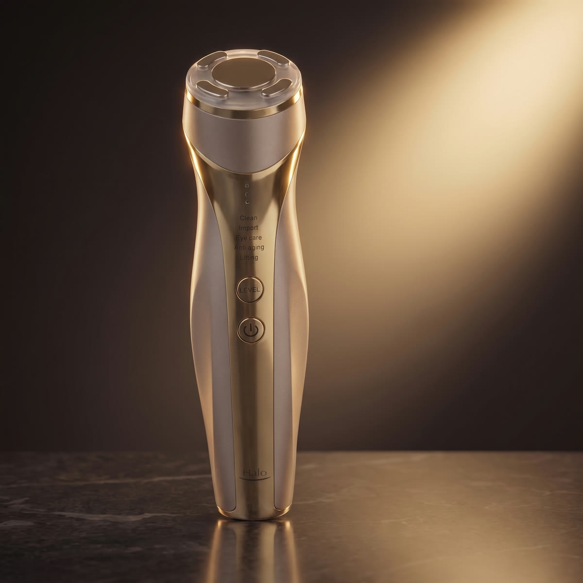 The Halo device standing upright, treatment head, engraved mode names and buttons visible