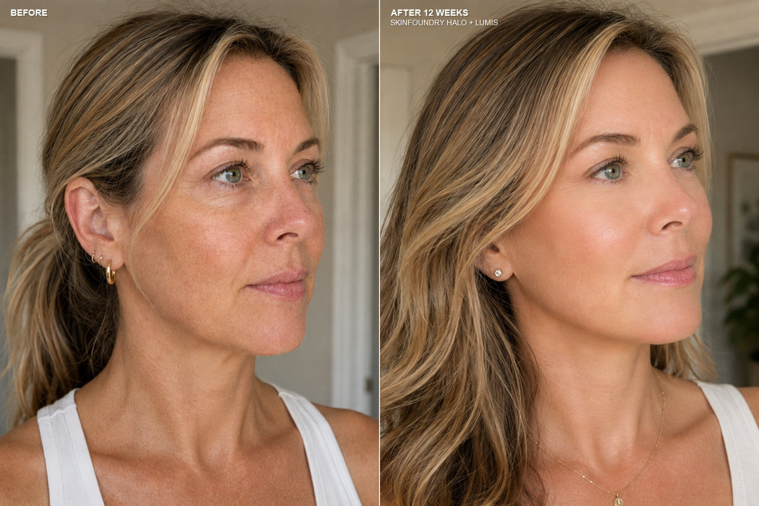 Before and week 12 appearance comparison for Jill after using SKINFOUNDRY Halo and Lumis