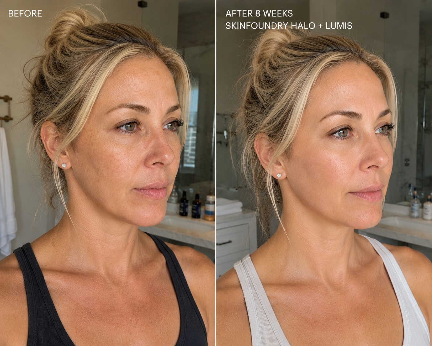 Before and after comparison after eight weeks using SKINFOUNDRY Halo and Lumis