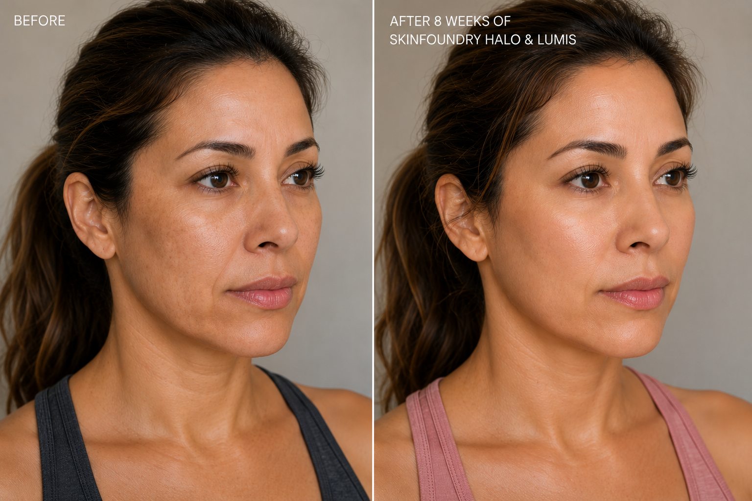 Before and after comparison after eight weeks using SKINFOUNDRY Halo and Lumis, age 39